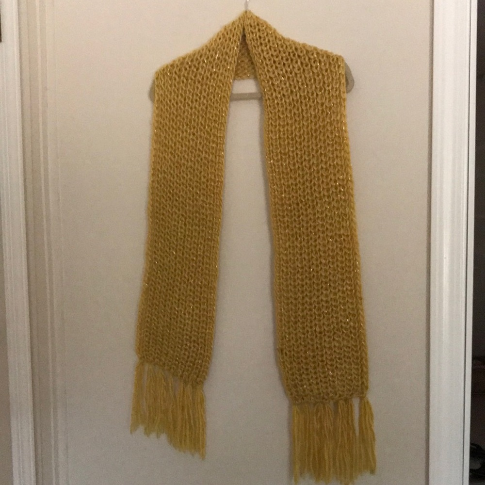 Long winter scarf with strings on the ends.